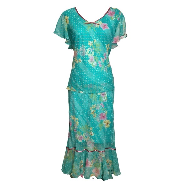 Vintage Fairycore Top Skirt Set 14 Blue Pink Floral Dot Flutter Sleeve K Studio - Picture 1 of 7